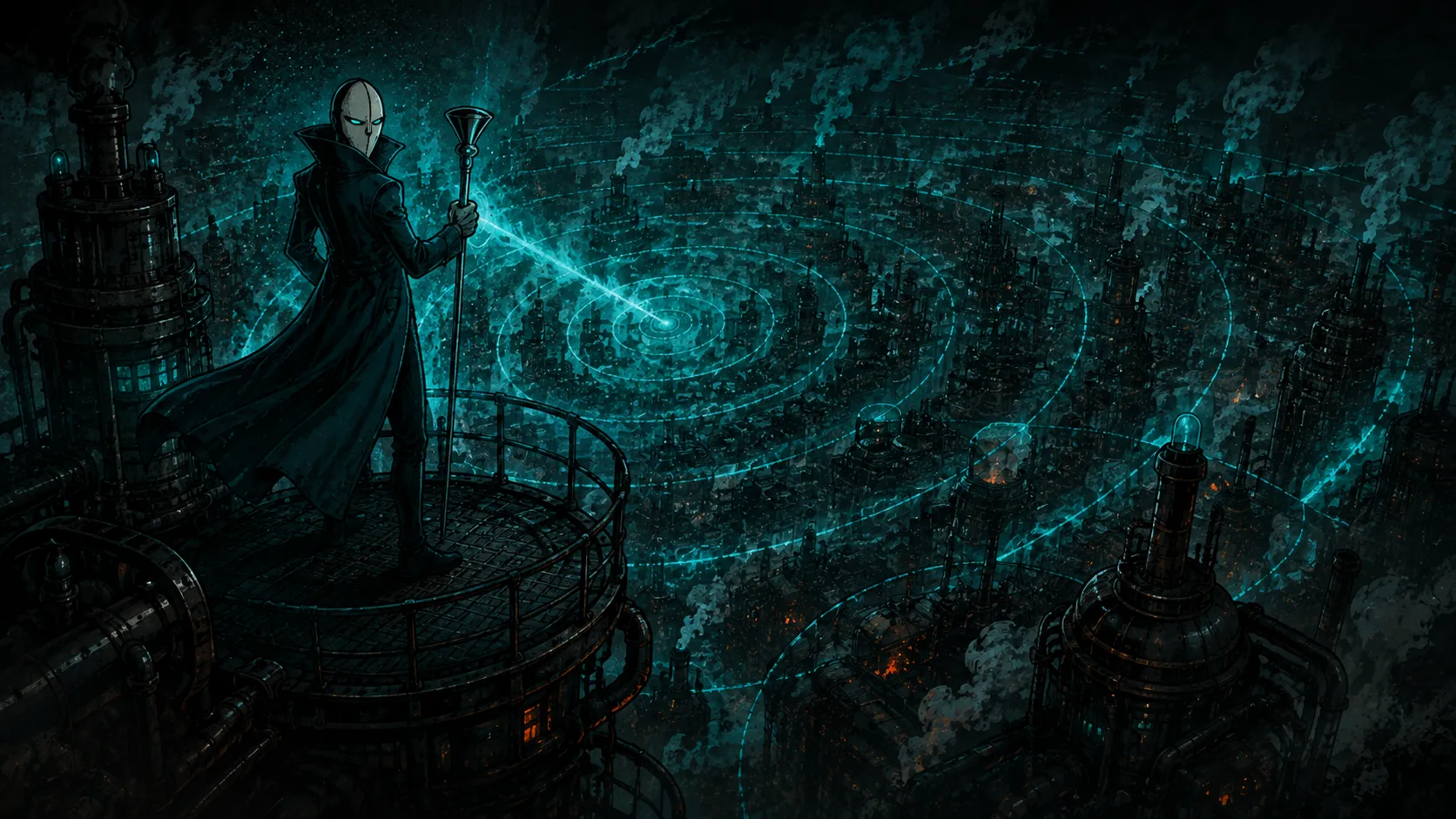 Lord Decaf broadcasts a cold control signal over the sleeping industrial city.