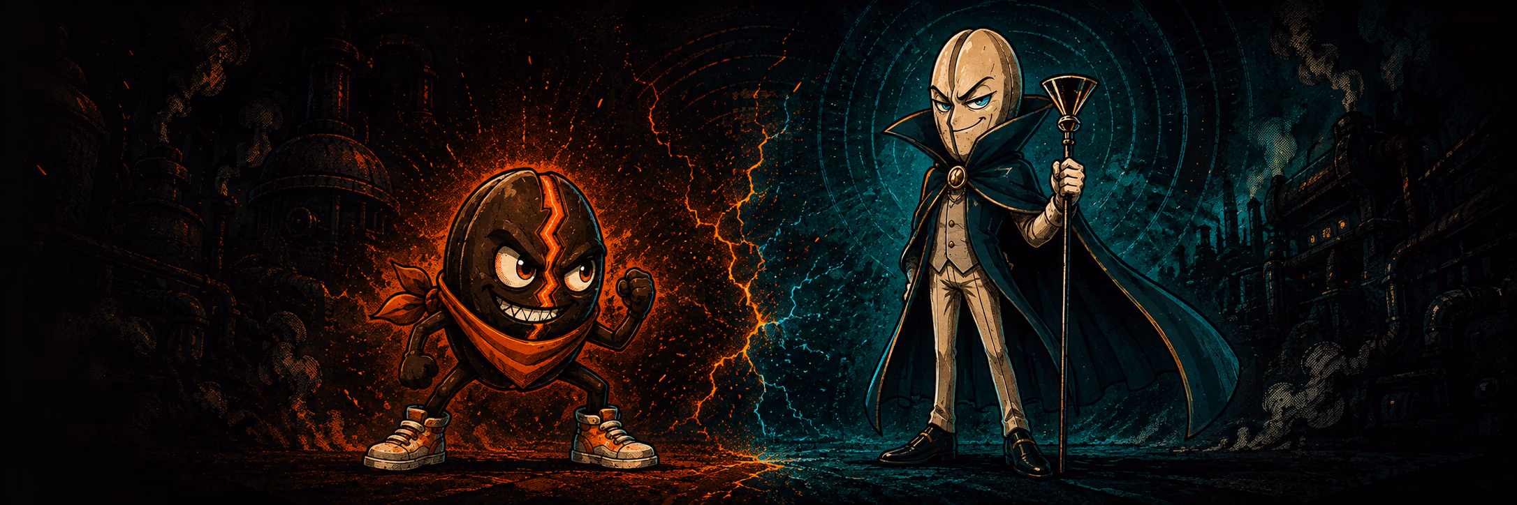 Roasty confronts Lord Decaf in a dark industrial coffee city